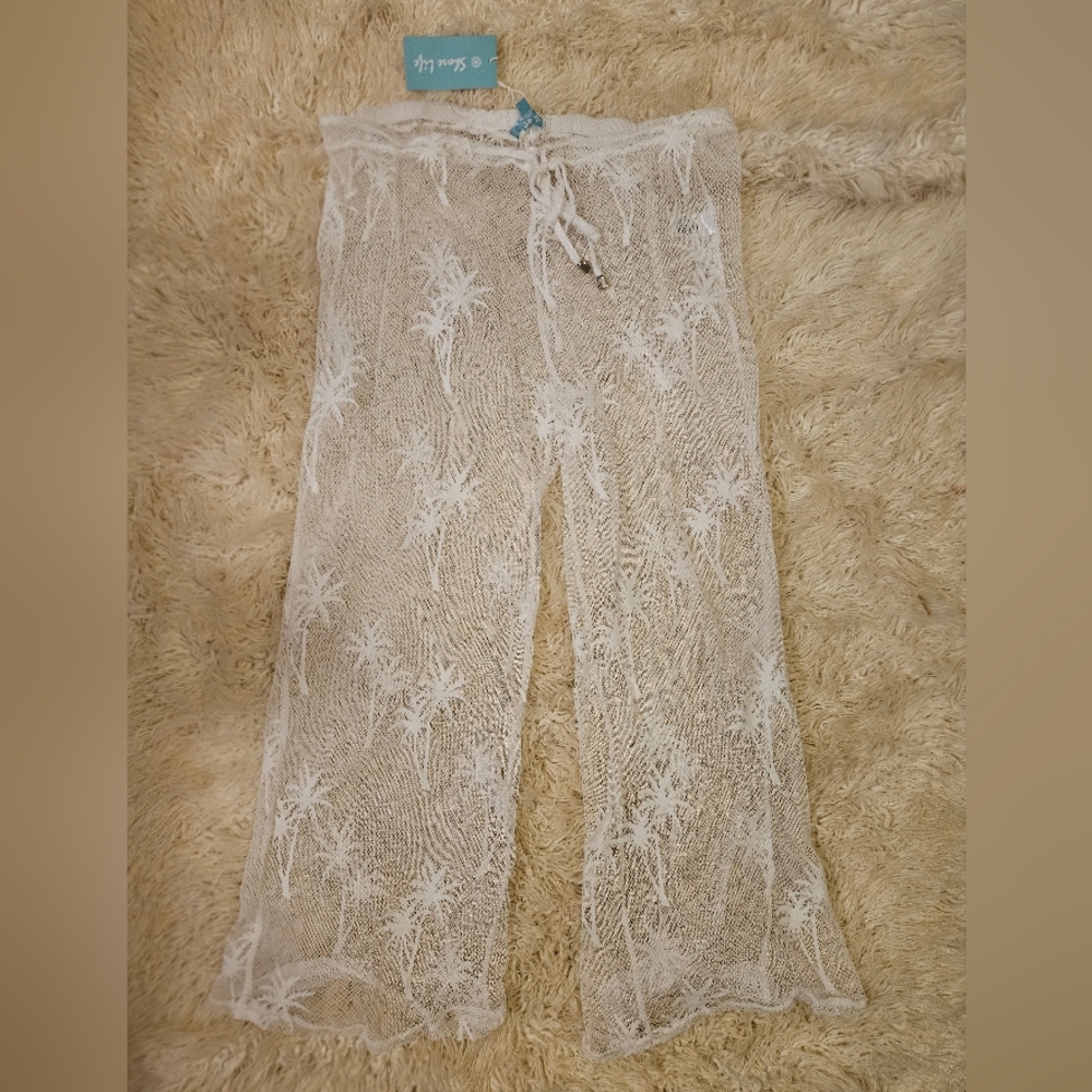 White Sheer Beach Pants with Palm Tree Design